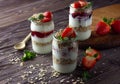 Natural yogurt with jam, muesli and fresh strawberry, mint leaves. Healthy breakfast concept. Royalty Free Stock Photo