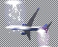 Naturalistic airliner flies on a transparent background. Side view from below. Vector illustration