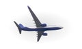 Naturalistic airliner flying on White background. Side view from the bottom. Vector Illustration