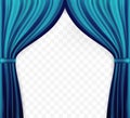 Naturalistic image of Curtain, open curtains Blue color on transparent background. Vector Illustration.