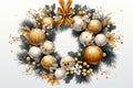 naturalistic looking pine tree Christmas wreath is decorated with ribbons, balls, bow and candy canes Royalty Free Stock Photo