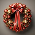 naturalistic looking pine tree Christmas wreath is decorated with ribbons, balls, bow and candy canes Royalty Free Stock Photo