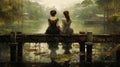 Naturalistic Nostalgia: Two Young Ladies Admiring The Dark Reflections Of Water