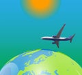 Naturalistic view of an airplane flying in the sky above planet Earth. Vector Illustration.