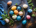 Naturally colored Easter eggs on grunge background, top view Royalty Free Stock Photo