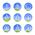 Nature abstract logo. Isolated white color trees on blue sky background and green field in lineart style set, forest Royalty Free Stock Photo