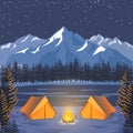 Nature adventure poster. Vector night landscape with outdoor forest camp tents, moonlight and mountains Royalty Free Stock Photo