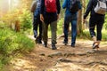 Nature adventures - group of friends walking in forest with backpacks