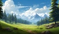 Nature background beautiful landscape. Panoramic view of big mountains, beautiful green meadows. Travel posters. Natural park or