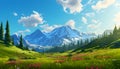 Nature background beautiful landscape. Panoramic view of big mountains, beautiful green meadows. Travel posters. Natural park or