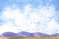 Nature background blue sky and abstract clouds, simple hills watercolor horizontal painting