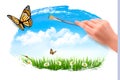 Nature background with butterflies and hand with brush.