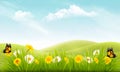 Nature background with grass and flowers and butterflies. Royalty Free Stock Photo