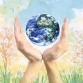 Earth globe in hands with a painting style background landscape Royalty Free Stock Photo