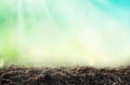 Nature background, pile of soil against green defocused grass with copy space Royalty Free Stock Photo