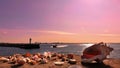 Nature background Romantic beautiful sunset afternoon at sea on horizon Baltic Sea boat seashell on the rock sea sky