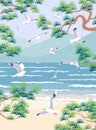 Nature Background with Sea, Mountains, Pine Branches and Seagulls Royalty Free Stock Photo