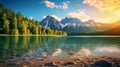 Nature background - a serene lake nestled among majestic mountains and lush trees under a clear blue sky Royalty Free Stock Photo