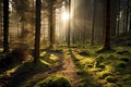 Nature background spring mist fog forest sunset sunrise morning Sun rays sunlight sunbeams Road path trail woods leaves trees Royalty Free Stock Photo