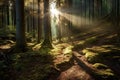 Nature background spring mist fog forest sunset sunrise morning Sun rays sunlight sunbeams Road path trail woods leaves trees Royalty Free Stock Photo