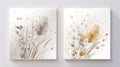 Nature background - two white and gold flower paintings on a white wall, creating a harmonious and elegant display