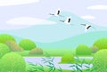 Simple Spring Lanscape with Flying Japanese Cranes