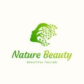 Nature Beauty Abstract Vector Sign, Emblem or Logo Template. Beautiful Woman Face with Curly Hair of Branches with Leafs