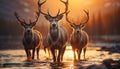 Nature beauty deer in winter forest, backlit by sunset generated by AI