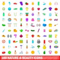 100 nature and beauty icons set, cartoon style Royalty Free Stock Photo