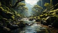Nature beauty landscape, forest, water, mountain, tree, rock, cliff generated by AI Royalty Free Stock Photo