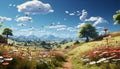 Nature beauty meadow, mountain, sky, flower, tree, forest, sunset generated by AI Royalty Free Stock Photo