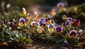 Nature beauty in a meadow purple crocus, yellow tulip, pink primrose generated by AI