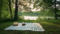 Nature beauty in a picnic: fresh food, green meadow, mountain adventure generated by AI
