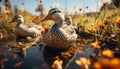 Nature beauty reflected in tranquil pond, ducks quacking in harmony generated by AI Royalty Free Stock Photo