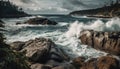 Nature beauty in a rough wave breaking on a rocky coastline generated by AI