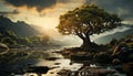 Nature beauty tree, mountain, water, sunset, forest, cloud, sky, sunrise generated by AI