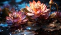 Nature beauty: vibrant flowers bloom, reflecting tranquility in a pond generated by AI