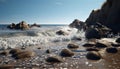 Nature beauty wave crashes on rocky coastline, water meets sand generated by AI