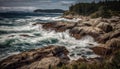 Nature beauty wave splashing on rocky coastline, tranquil seascape at dusk generated by AI