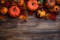 fall halloween wooden autumn pumpkin season wood maple orange background leaf. Generative AI. Royalty Free Stock Photo
