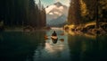 nature boat scenic landscape river lake person travel water outdoors. Generative AI.