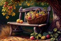 Nature bounty: A beautifully crafted garden seat under a tree, surrounded by fallen leaves and a basket filled with apples.