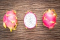 Nature can be pretty weird sometimes, Dragon-fruit are nutritious tropical fruit That way your fruits setup on wooden background. Royalty Free Stock Photo
