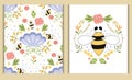 Nature card set Bee honey flowers print cosmectic shop design beautiful summer illustration Floral collection Royalty Free Stock Photo