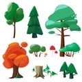 Nature cartoon elements. Game ui collection of trees shrubs hemp branches roots stones leaves puddles weather vector