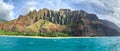 Nature coastline landscape in USA. Hawaii travel. Beautiful Na Pali coast, Kauai, Hawaii view from off shore sea sunset boat Royalty Free Stock Photo