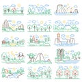 Nature color line landscapes set with mountains, forest fields and river. Vector illustration.