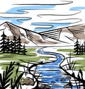 Nature color sketch of a meadow with a river, mountains and firs. Tranquil peaceful wild landscape. Vector colorful ink scribble