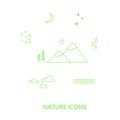Nature concept icons with line green hills, mountain, sun, moon, snowflake, raindrop, water