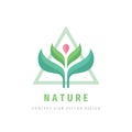 Nature concept logo design. Green leaves, pink flower. Flora sign. Environment symbol. Vector illustration